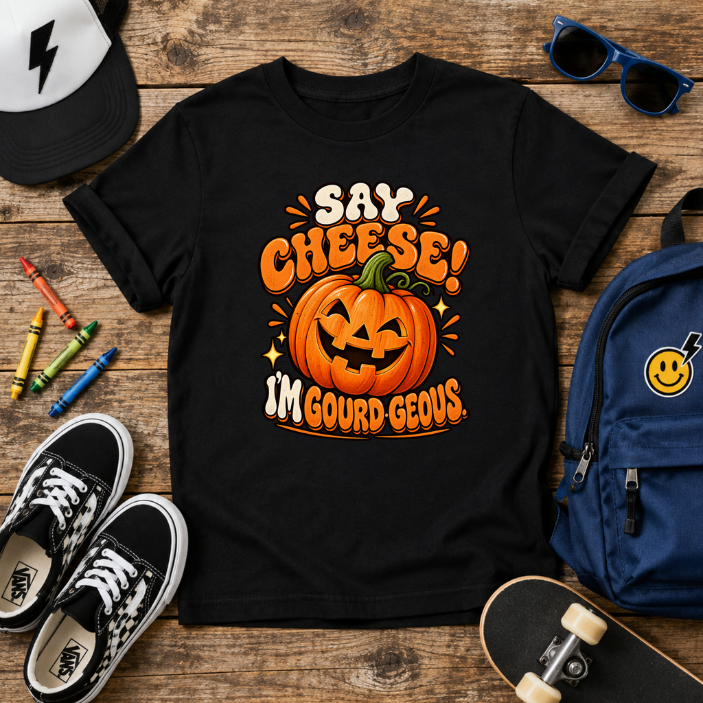 Kids Halloween T-Shirt - "Say Cheese! I'm Gourd-geous" Pumpkin Tee