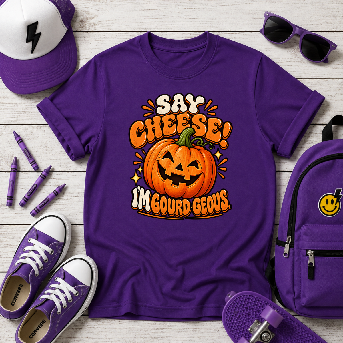 Kids Halloween T-Shirt - "Say Cheese! I'm Gourd-geous" Pumpkin Tee