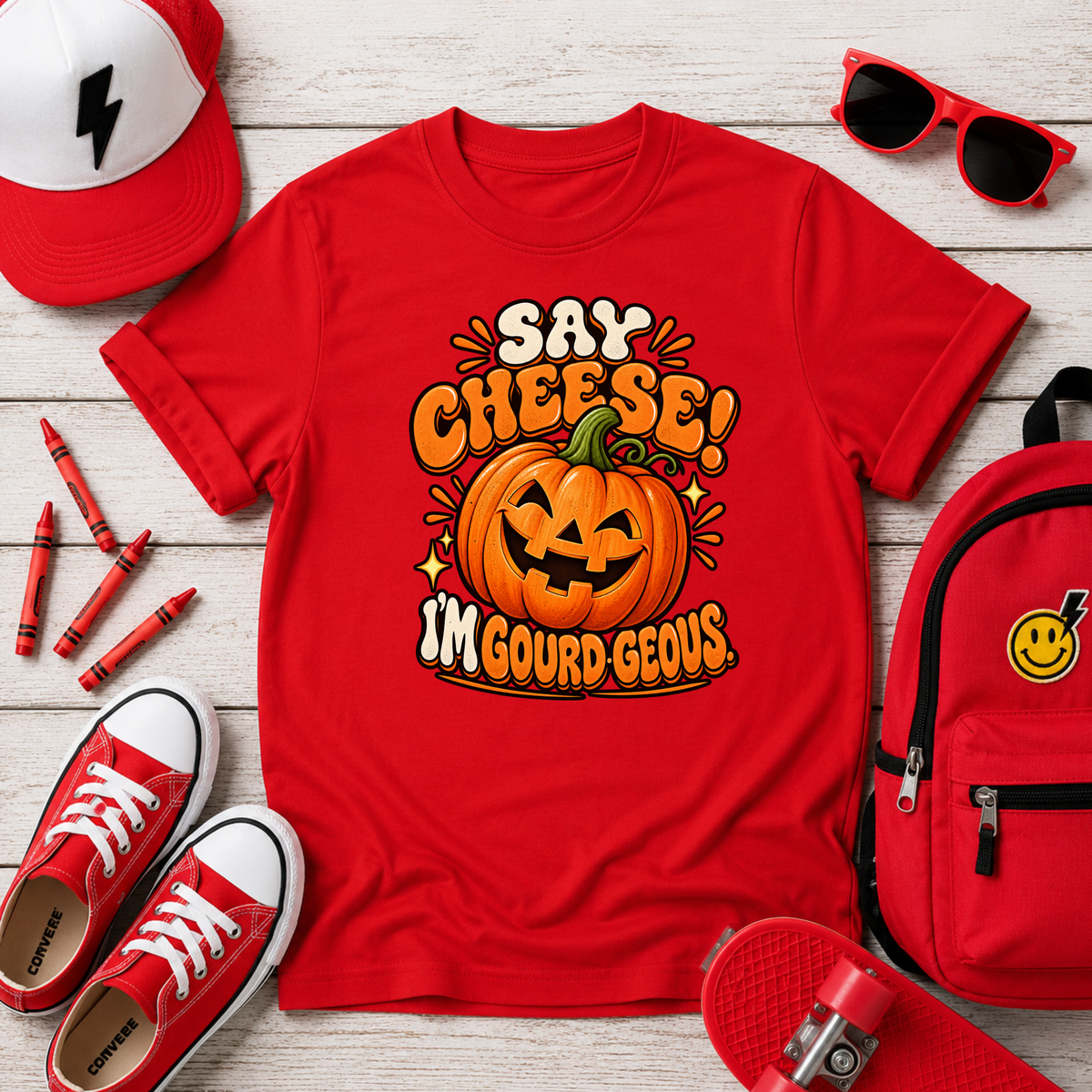 Kids Halloween T-Shirt - "Say Cheese! I'm Gourd-geous" Pumpkin Tee