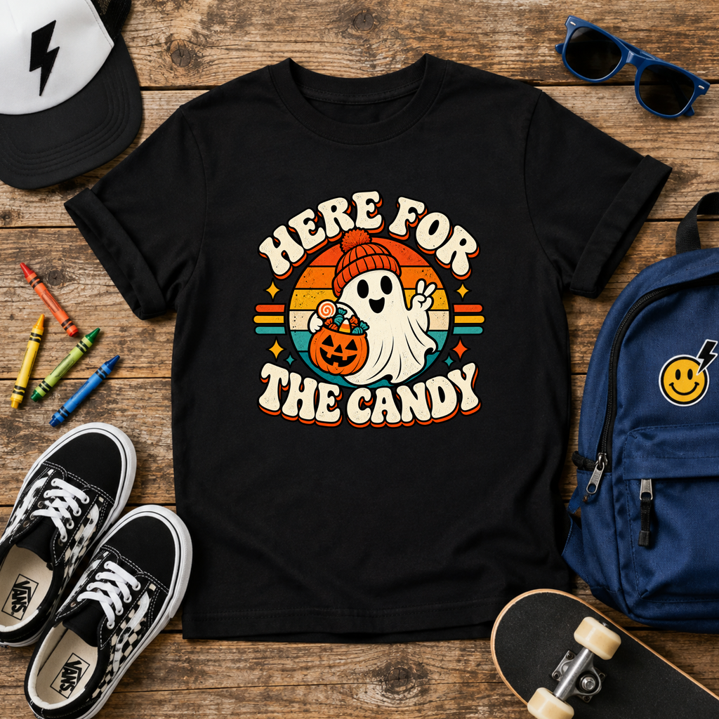 Kids Graphic Halloween T-shirt  'Here For The Candy'