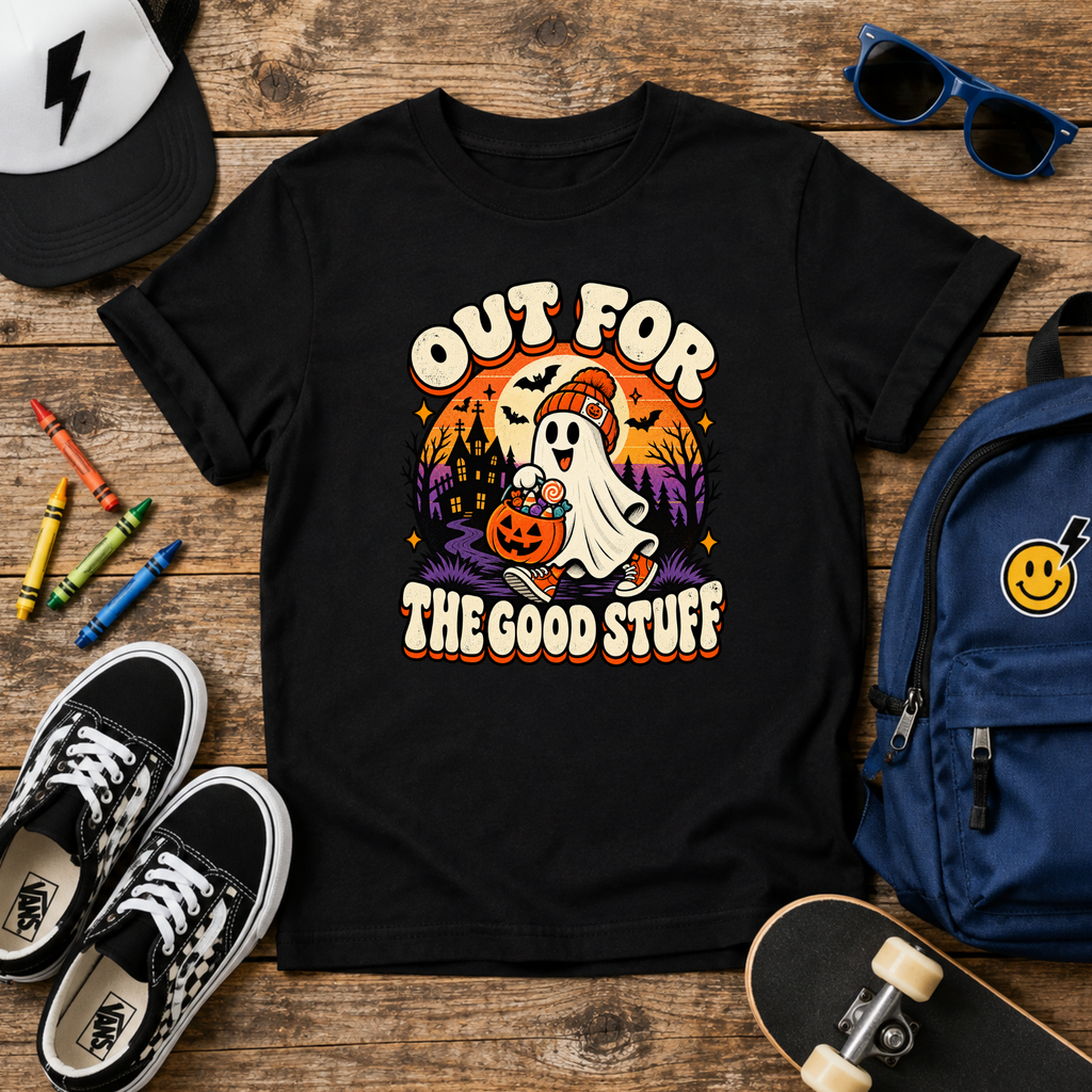 Kids Halloween Ghost Pumpkin Shirt "Out For The Good Stuff"