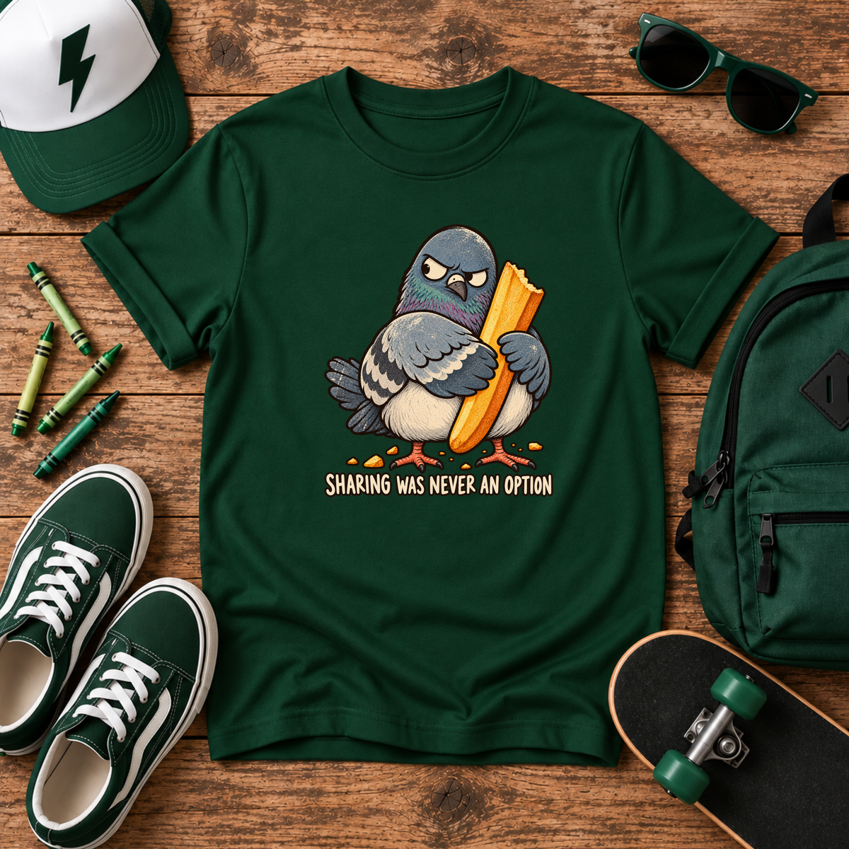 Kids Cute T-shirt Pigeon Holding French Fry "Sharing Was Never an Option"