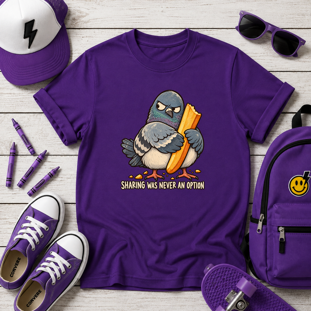 Kids Cute T-shirt Pigeon Holding French Fry "Sharing Was Never an Option"