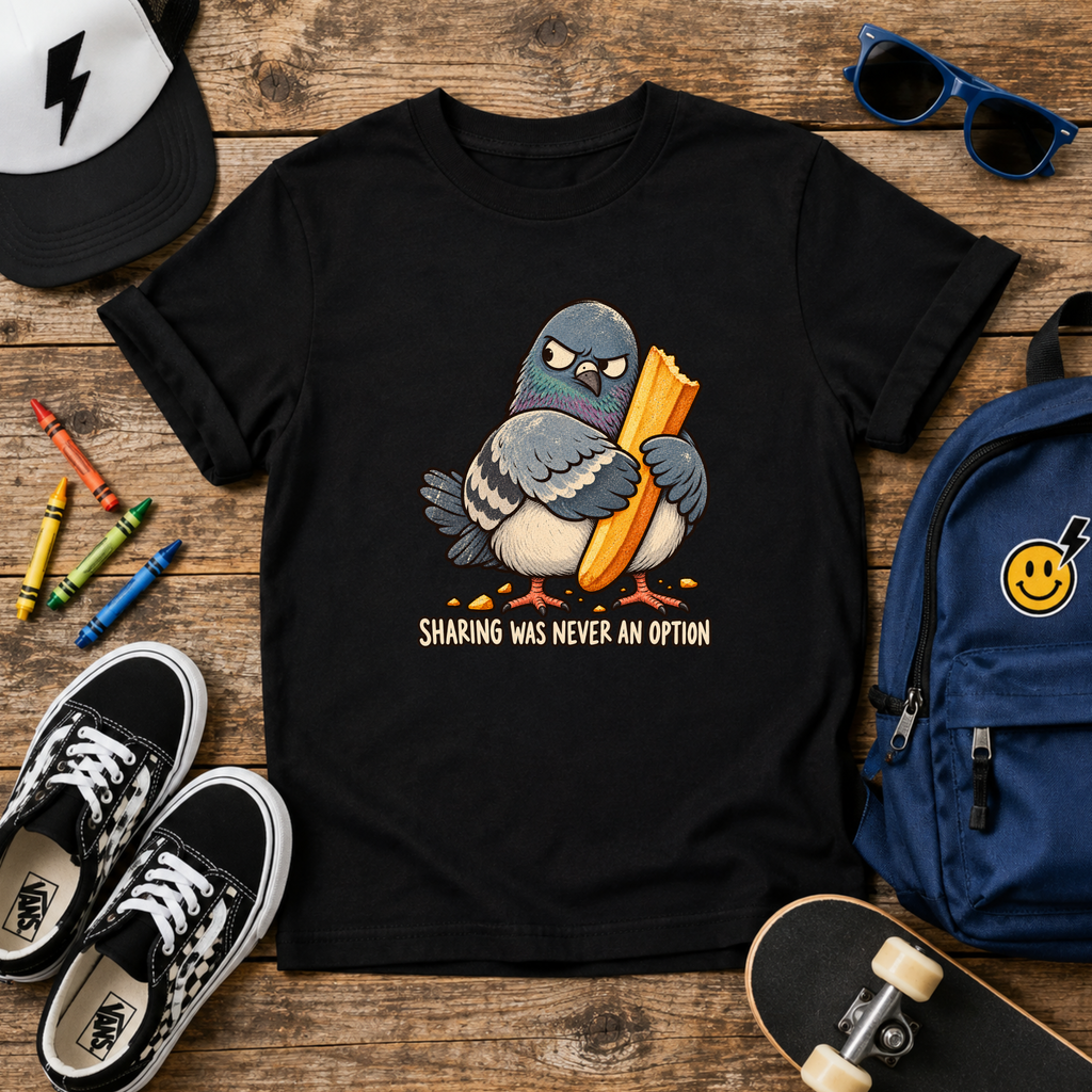 Kids Cute T-shirt Pigeon Holding French Fry "Sharing Was Never an Option"