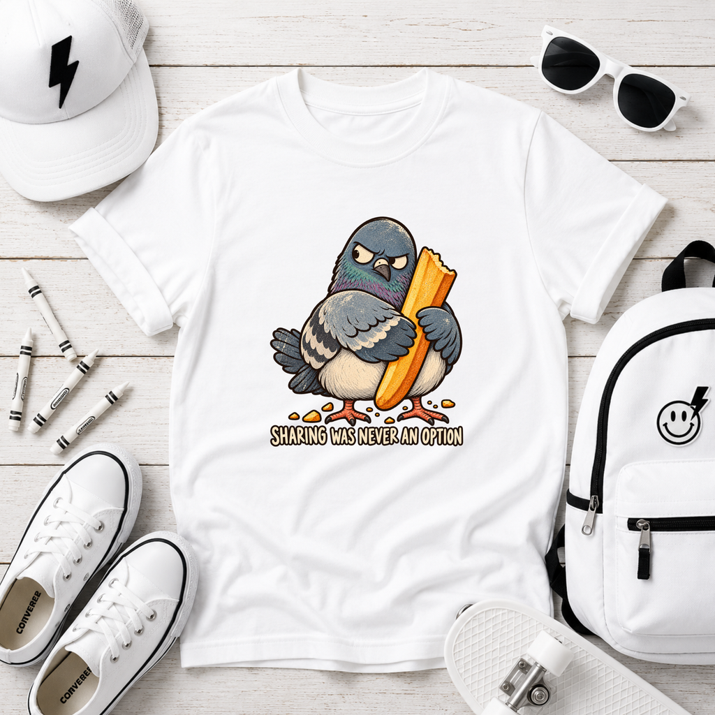 Kids Cute T-shirt Pigeon Holding French Fry "Sharing Was Never an Option"