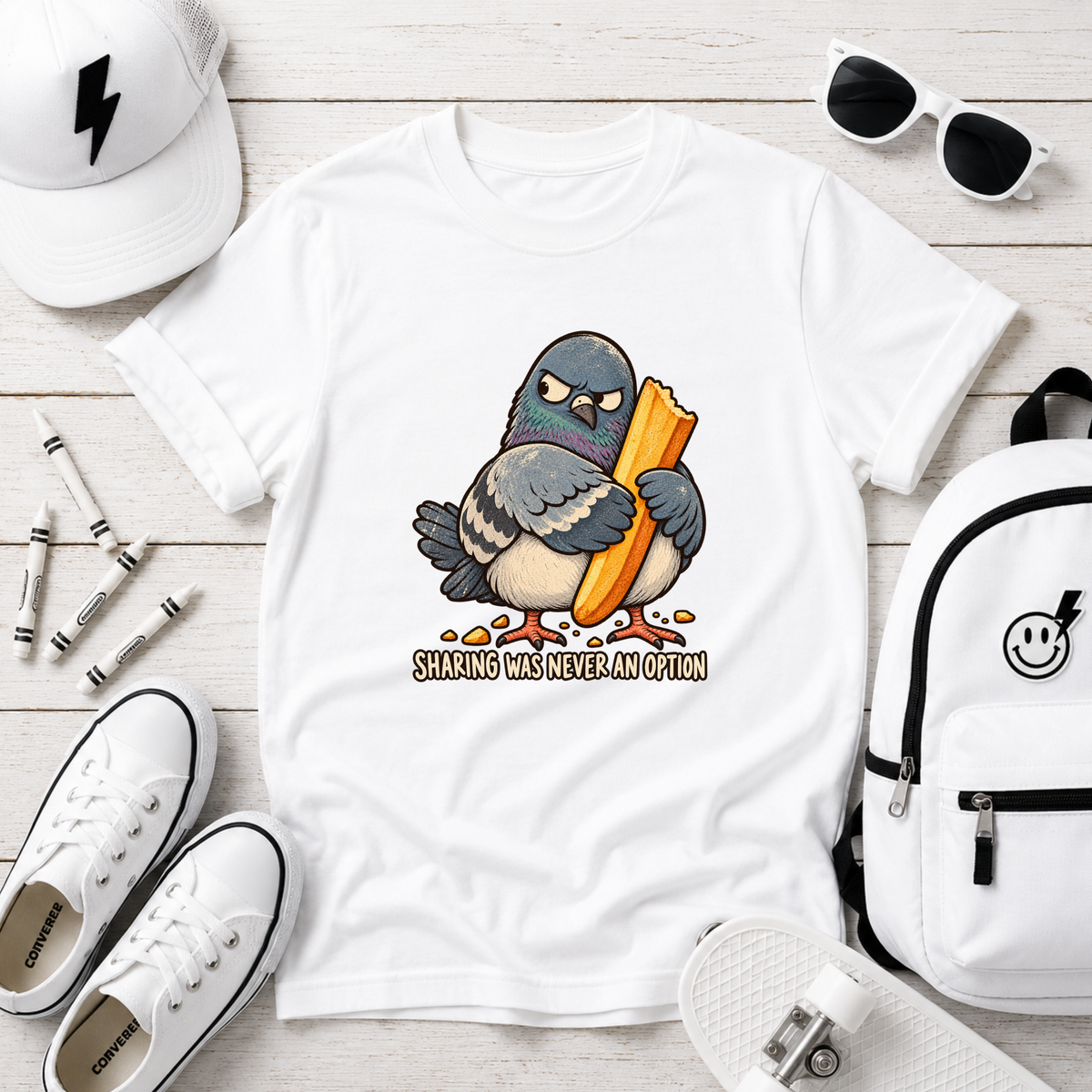 Kids Cute T-shirt Pigeon Holding French Fry "Sharing Was Never an Option"