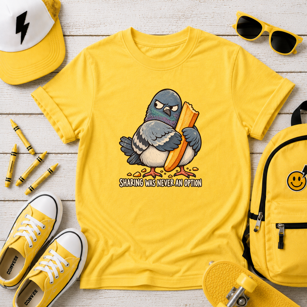 Kids Cute T-shirt Pigeon Holding French Fry "Sharing Was Never an Option"