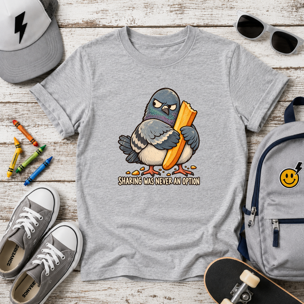 Kids Cute T-shirt Pigeon Holding French Fry "Sharing Was Never an Option"