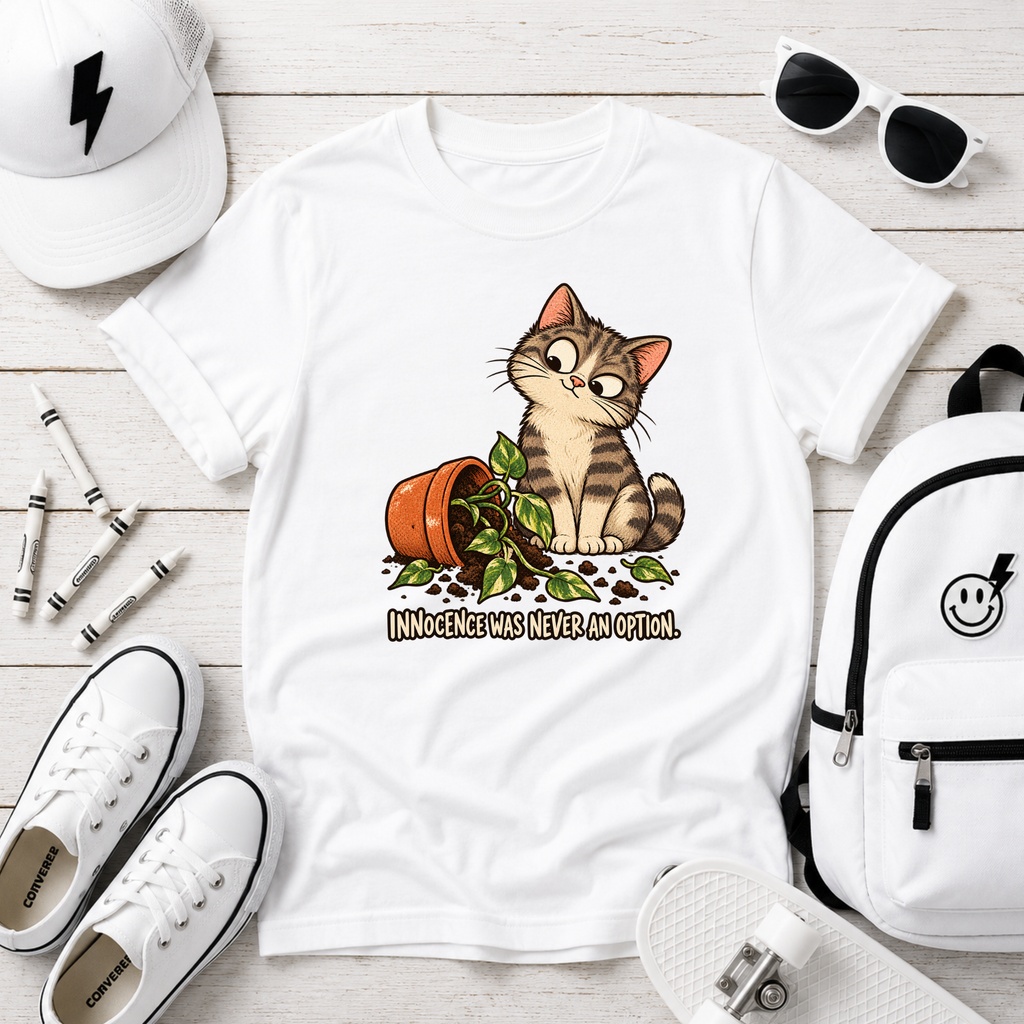 Cute Mischievous Kitten with Knocked-Over Plant (Children’s Cat Shirt)