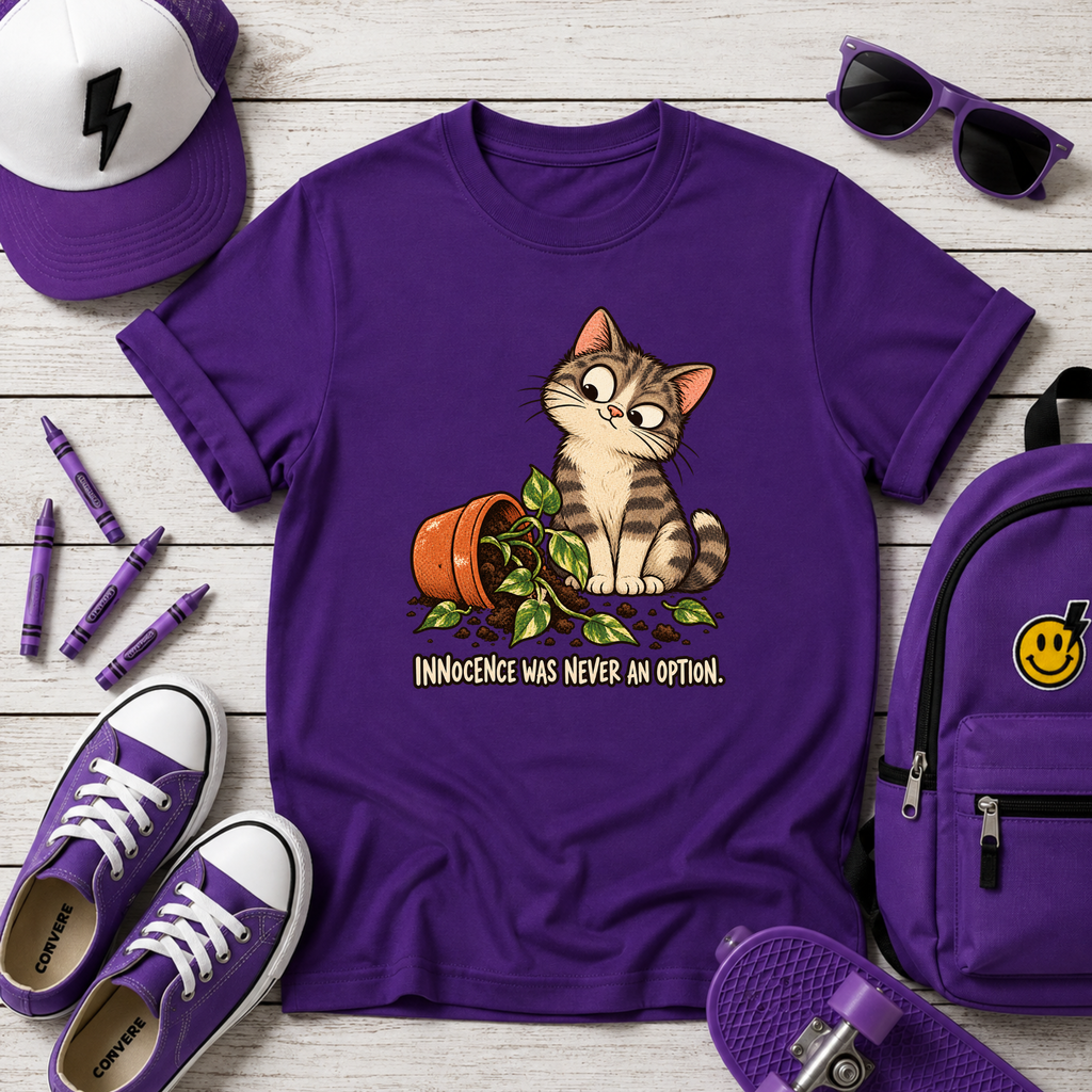Cute Mischievous Kitten with Knocked-Over Plant (Children’s Cat Shirt)
