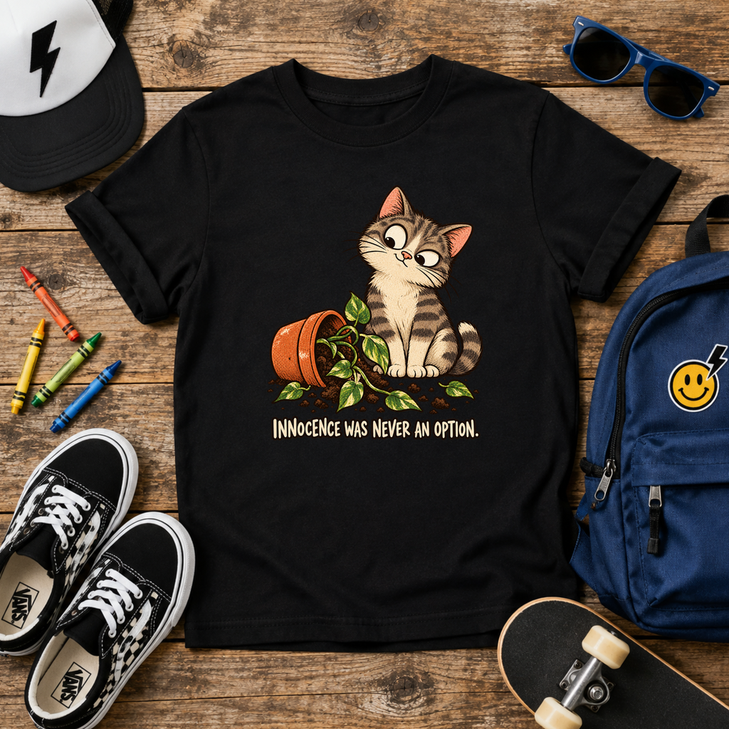 Cute Mischievous Kitten with Knocked-Over Plant (Children’s Cat Shirt)