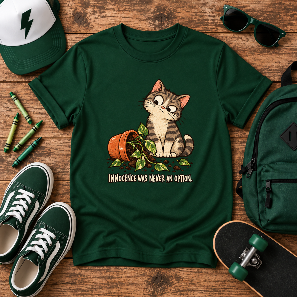 Cute Mischievous Kitten with Knocked-Over Plant (Children’s Cat Shirt)