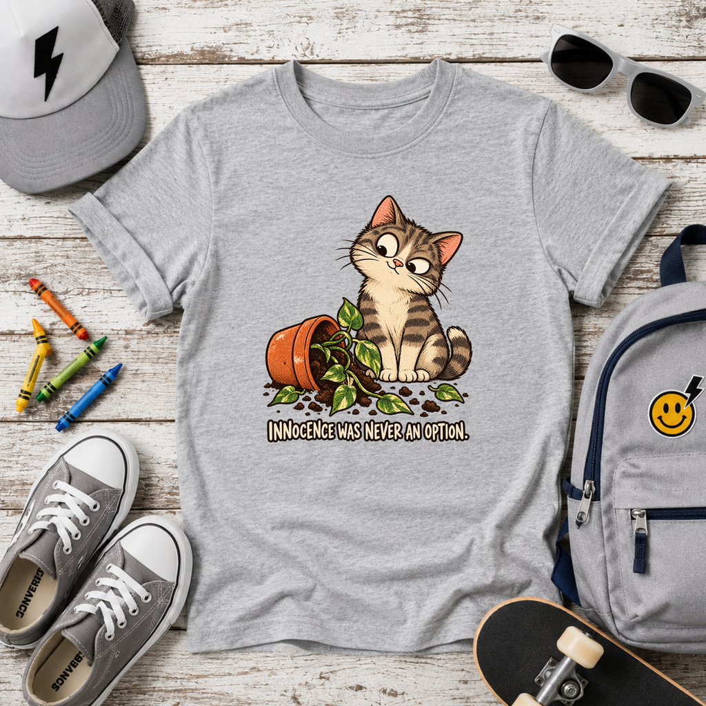 Cute Mischievous Kitten with Knocked-Over Plant (Children’s Cat Shirt)