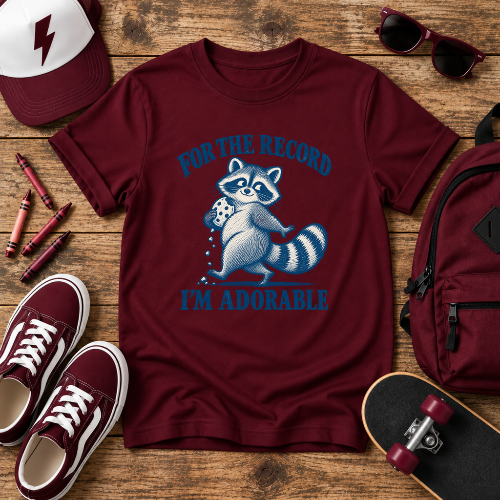 Kids Funny T-Shirt “For the Record I’m Adorable” Cute Raccoon Tee