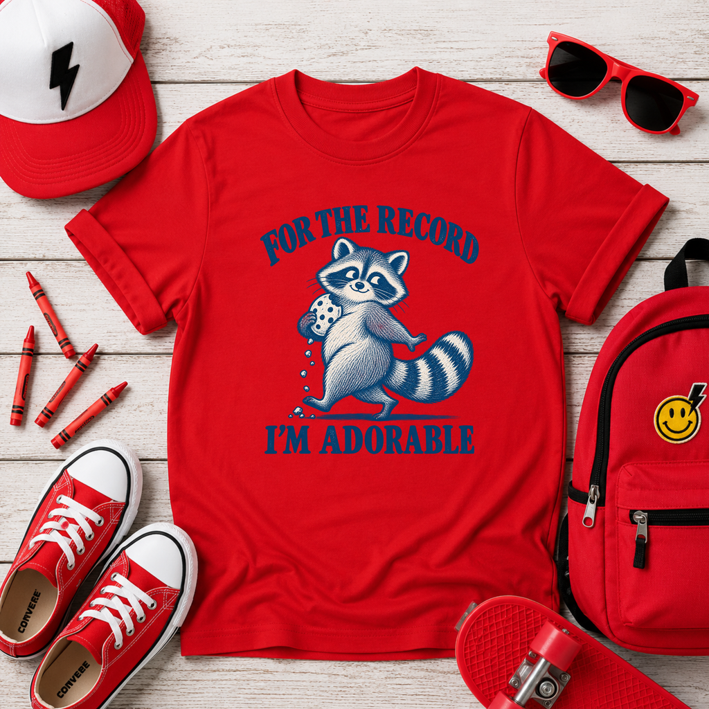 Kids Funny T-Shirt “For the Record I’m Adorable” Cute Raccoon Tee