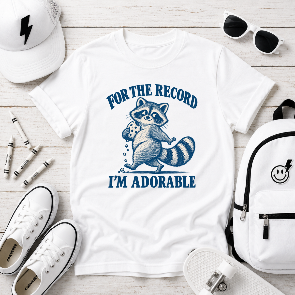 Kids Funny T-Shirt “For the Record I’m Adorable” Cute Raccoon Tee