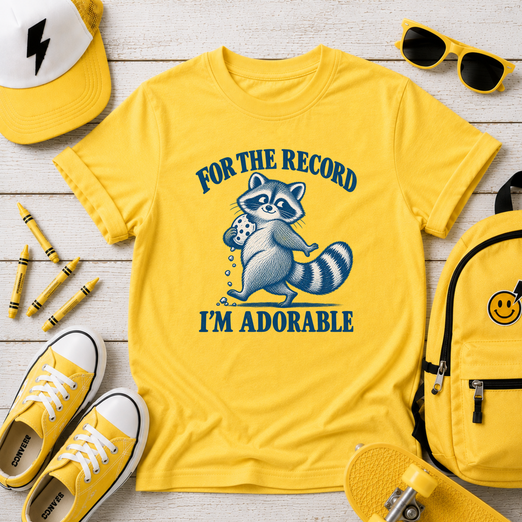 Kids Funny T-Shirt “For the Record I’m Adorable” Cute Raccoon Tee