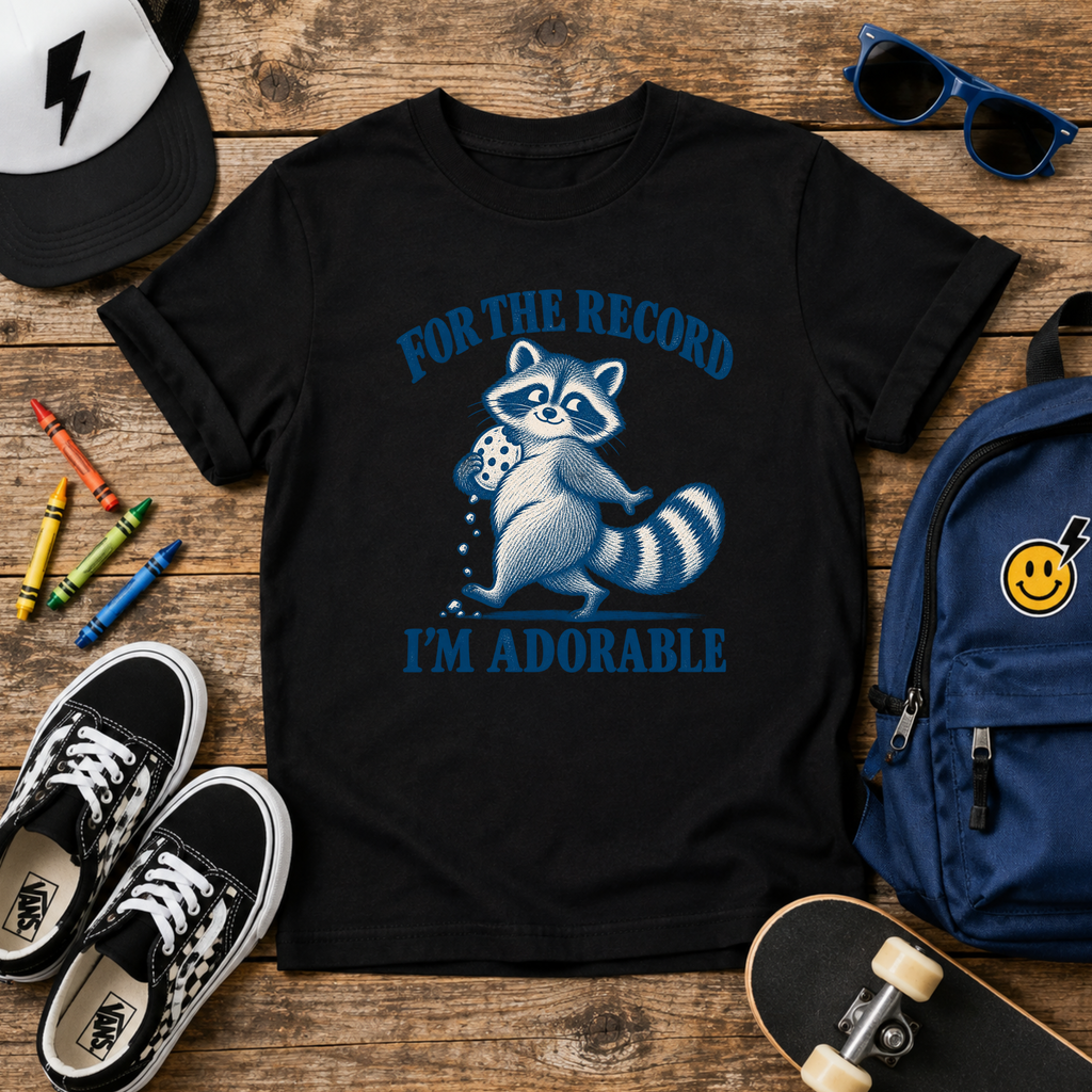 Kids Funny T-Shirt “For the Record I’m Adorable” Cute Raccoon Tee
