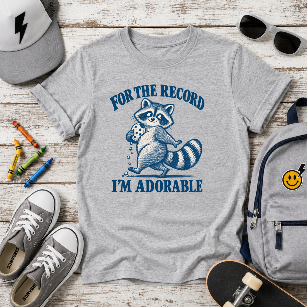 Kids Funny T-Shirt “For the Record I’m Adorable” Cute Raccoon Tee
