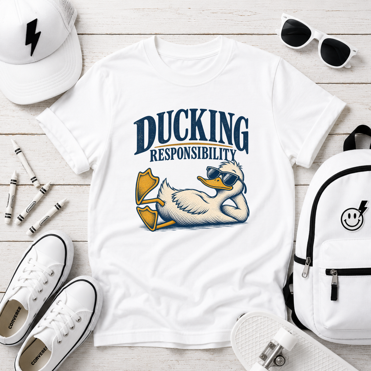 Kids Funny Relaxed Duck Graphic Shirt  "Ducking Responsibility"
