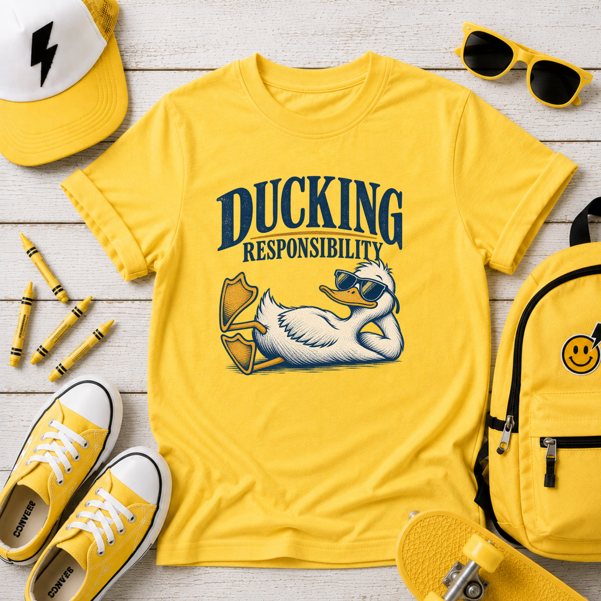 Kids Funny Relaxed Duck Graphic Shirt  "Ducking Responsibility"
