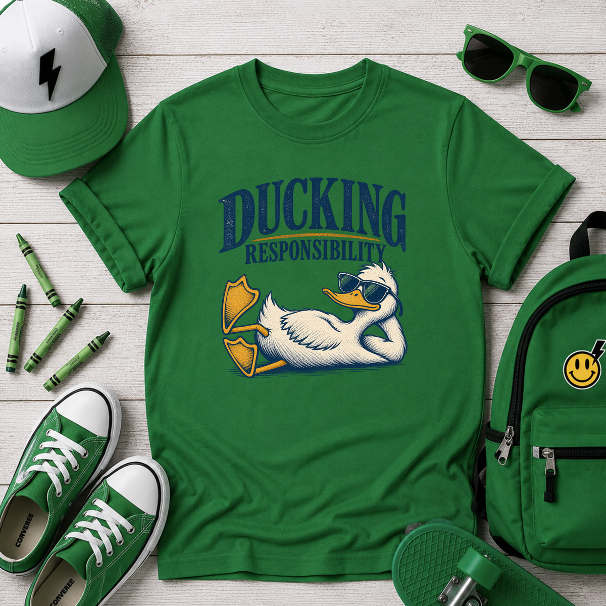 Kids Funny Relaxed Duck Graphic Shirt  "Ducking Responsibility"