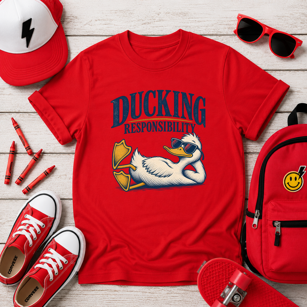 Kids Funny Relaxed Duck Graphic Shirt  "Ducking Responsibility"