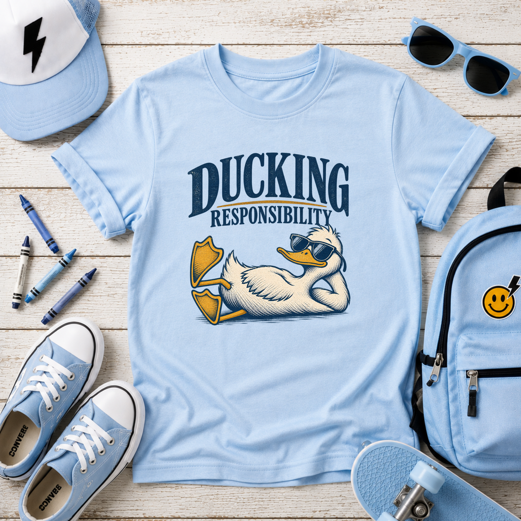 Kids Funny Relaxed Duck Graphic Shirt  "Ducking Responsibility"