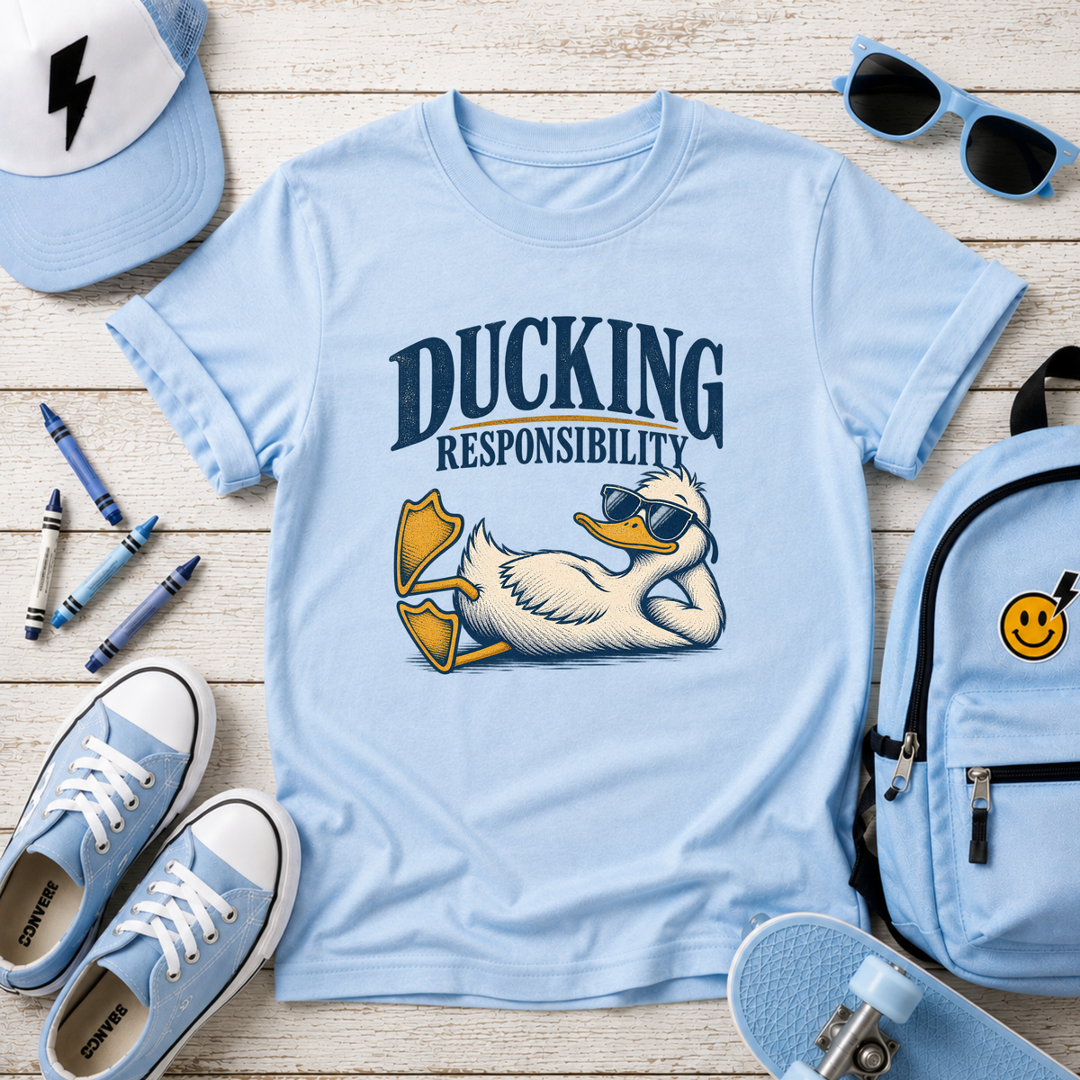 Kids Funny Relaxed Duck Graphic Shirt  "Ducking Responsibility"