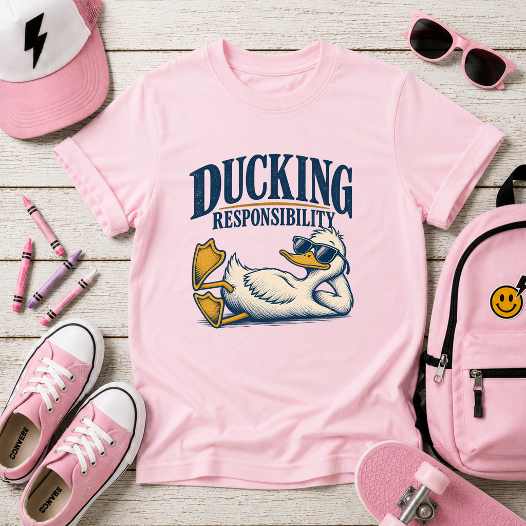 Kids Funny Relaxed Duck Graphic Shirt  "Ducking Responsibility"