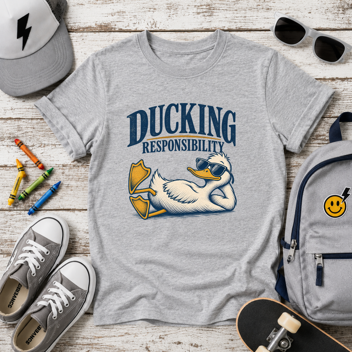 Kids Funny Relaxed Duck Graphic Shirt  "Ducking Responsibility"