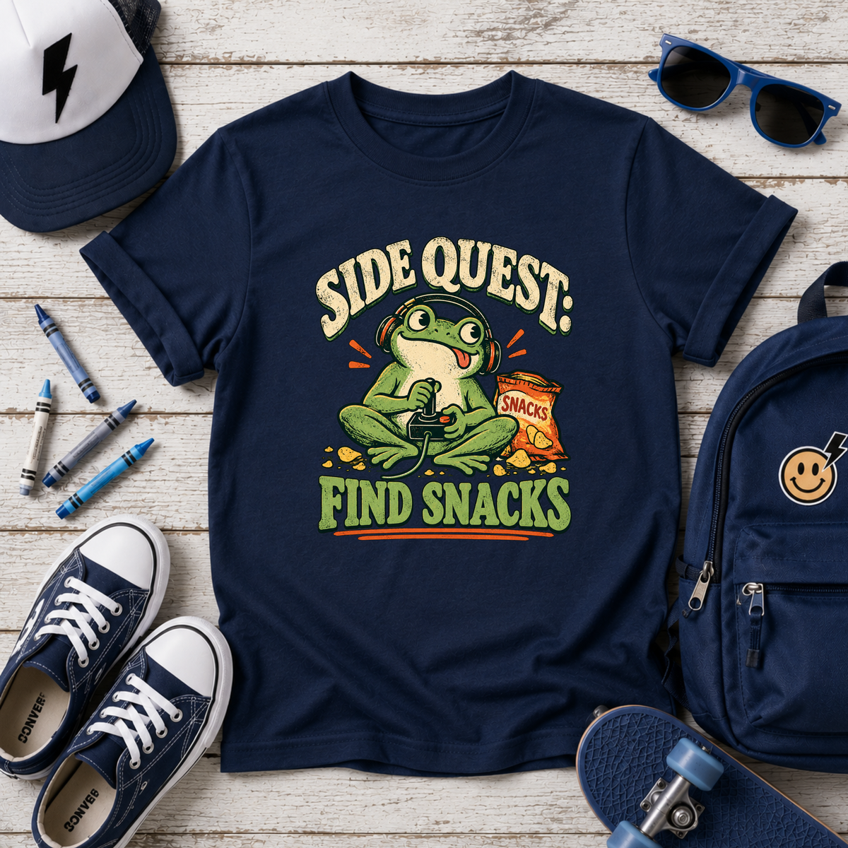 Kids Funny Graphic T-Shirt 'Side Quest: Find Snacks' Frog
