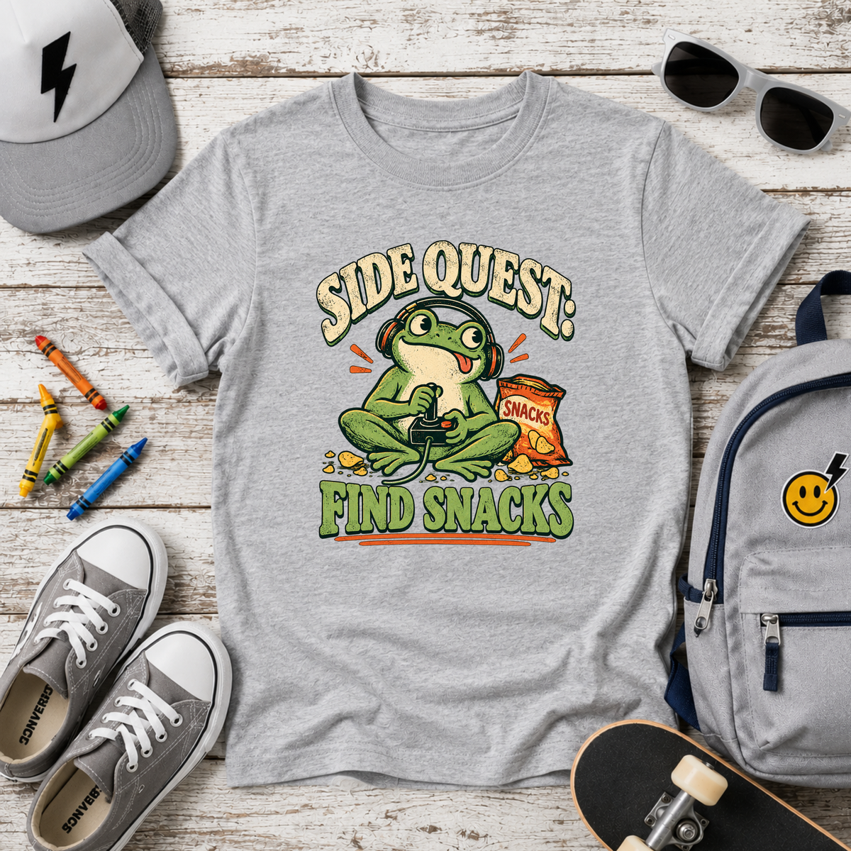 Kids Funny Graphic T-Shirt 'Side Quest: Find Snacks' Frog