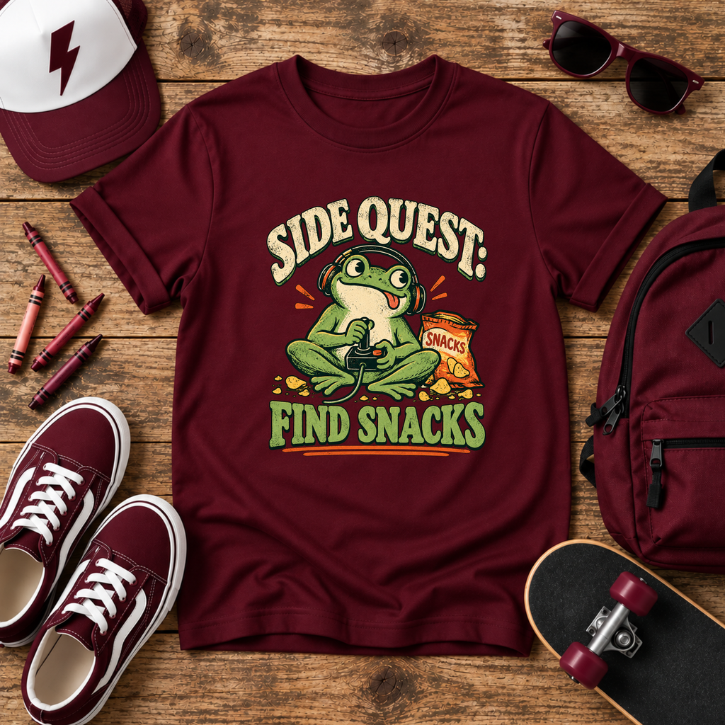 Kids Funny Graphic T-Shirt 'Side Quest: Find Snacks' Frog