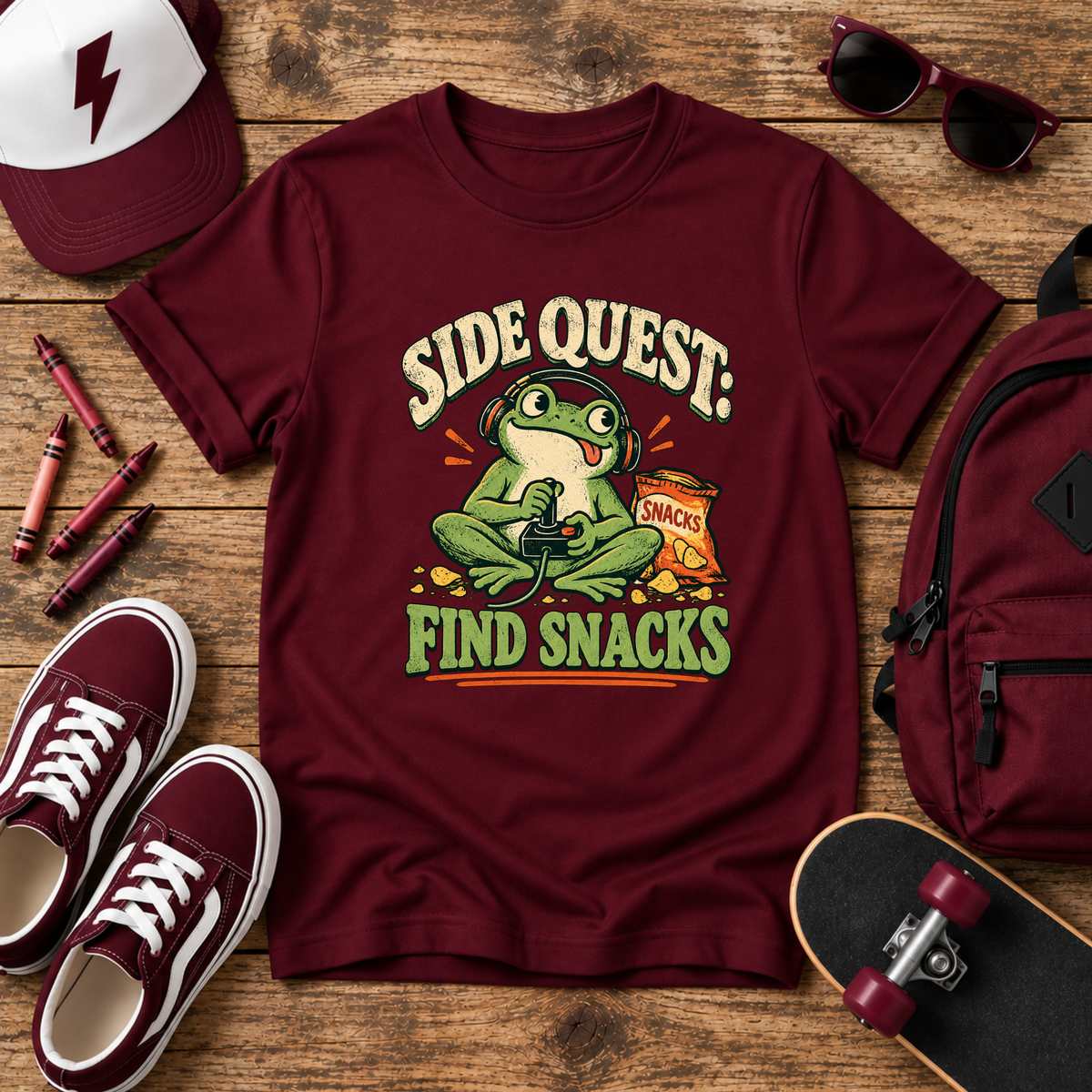 Kids Funny Graphic T-Shirt 'Side Quest: Find Snacks' Frog