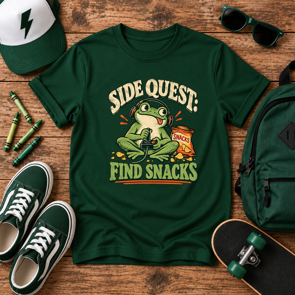 Kids Funny Graphic T-Shirt 'Side Quest: Find Snacks' Frog