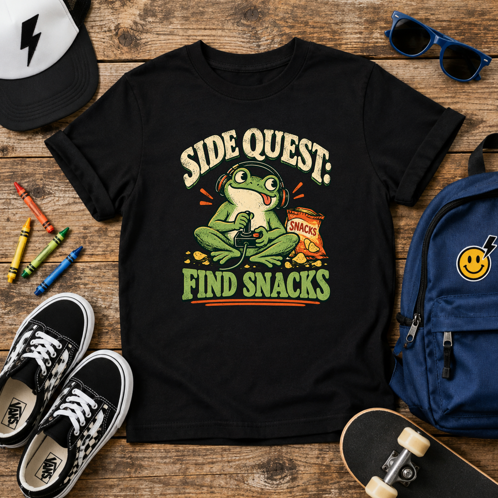 Kids Funny Graphic T-Shirt 'Side Quest: Find Snacks' Frog