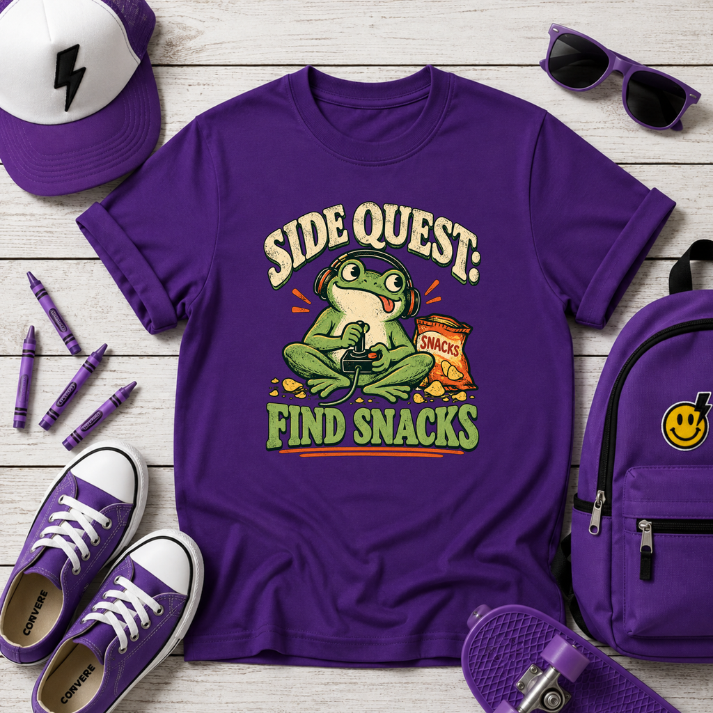 Kids Funny Graphic T-Shirt 'Side Quest: Find Snacks' Frog