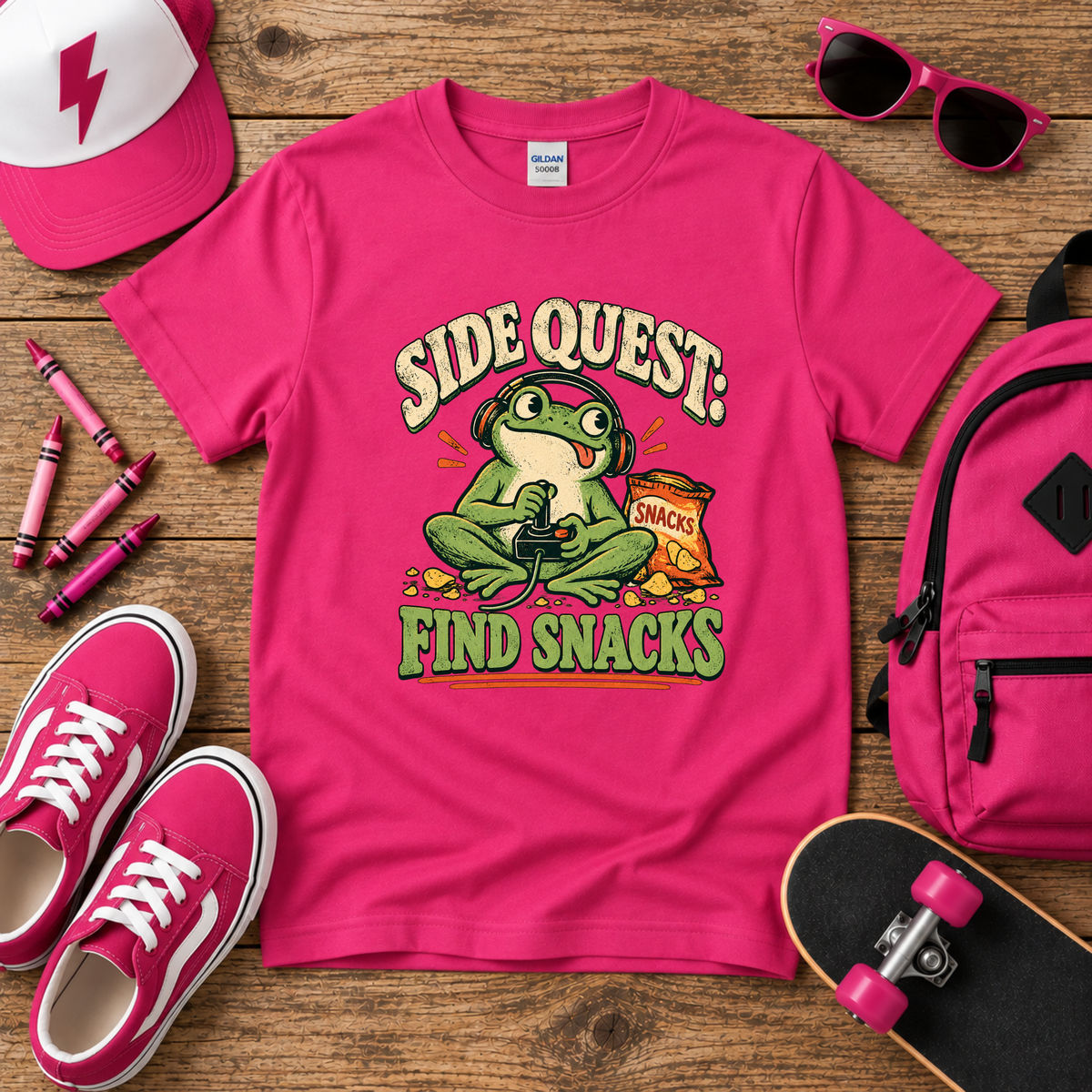 Kids Funny Graphic T-Shirt 'Side Quest: Find Snacks' Frog