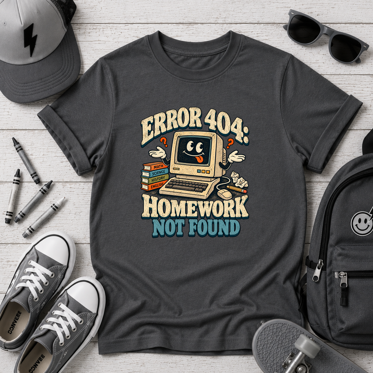 Kids Funny Retro School T-Shirt "Error 404 Homework Not Found"