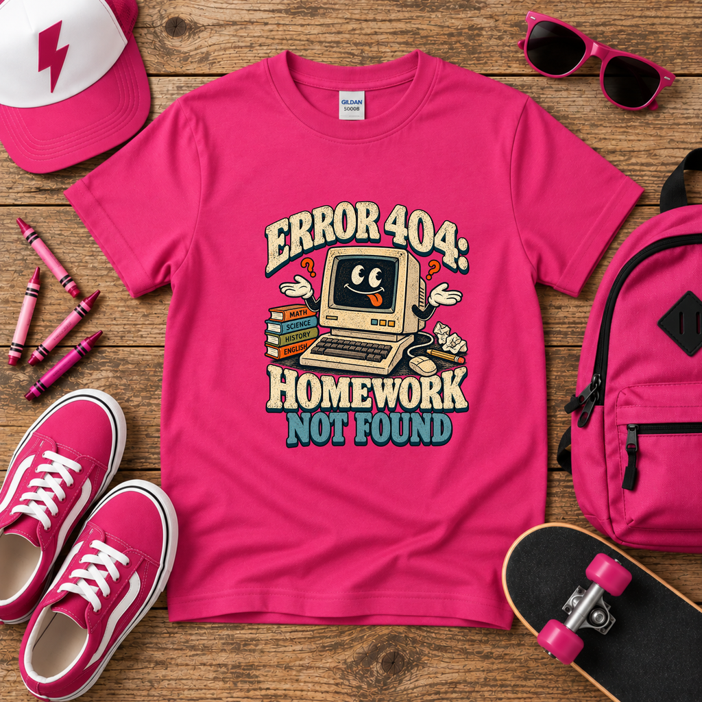 Kids Funny Retro School T-Shirt "Error 404 Homework Not Found"