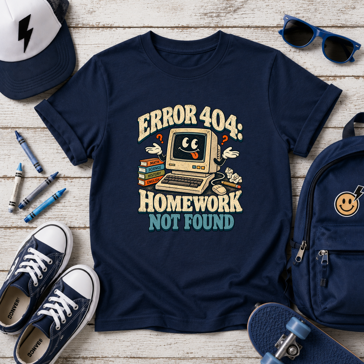 Kids Funny Retro School T-Shirt "Error 404 Homework Not Found"