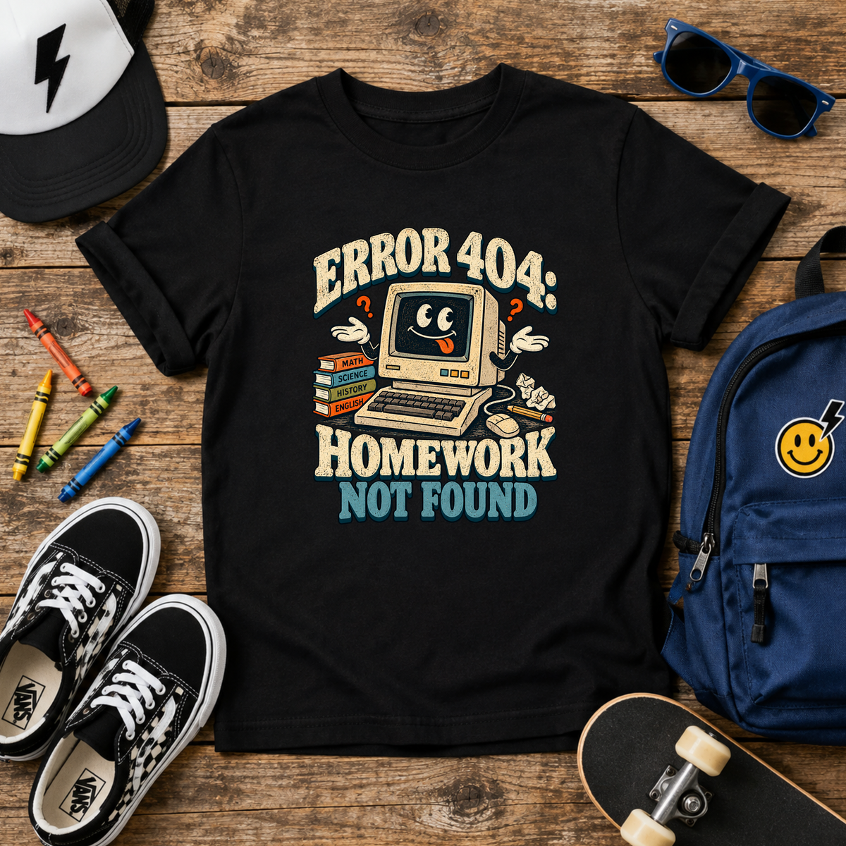 Kids Funny Retro School T-Shirt "Error 404 Homework Not Found"