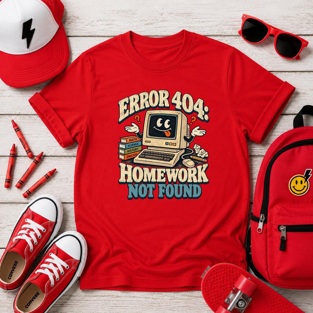 Kids Funny Retro School T-Shirt "Error 404 Homework Not Found"