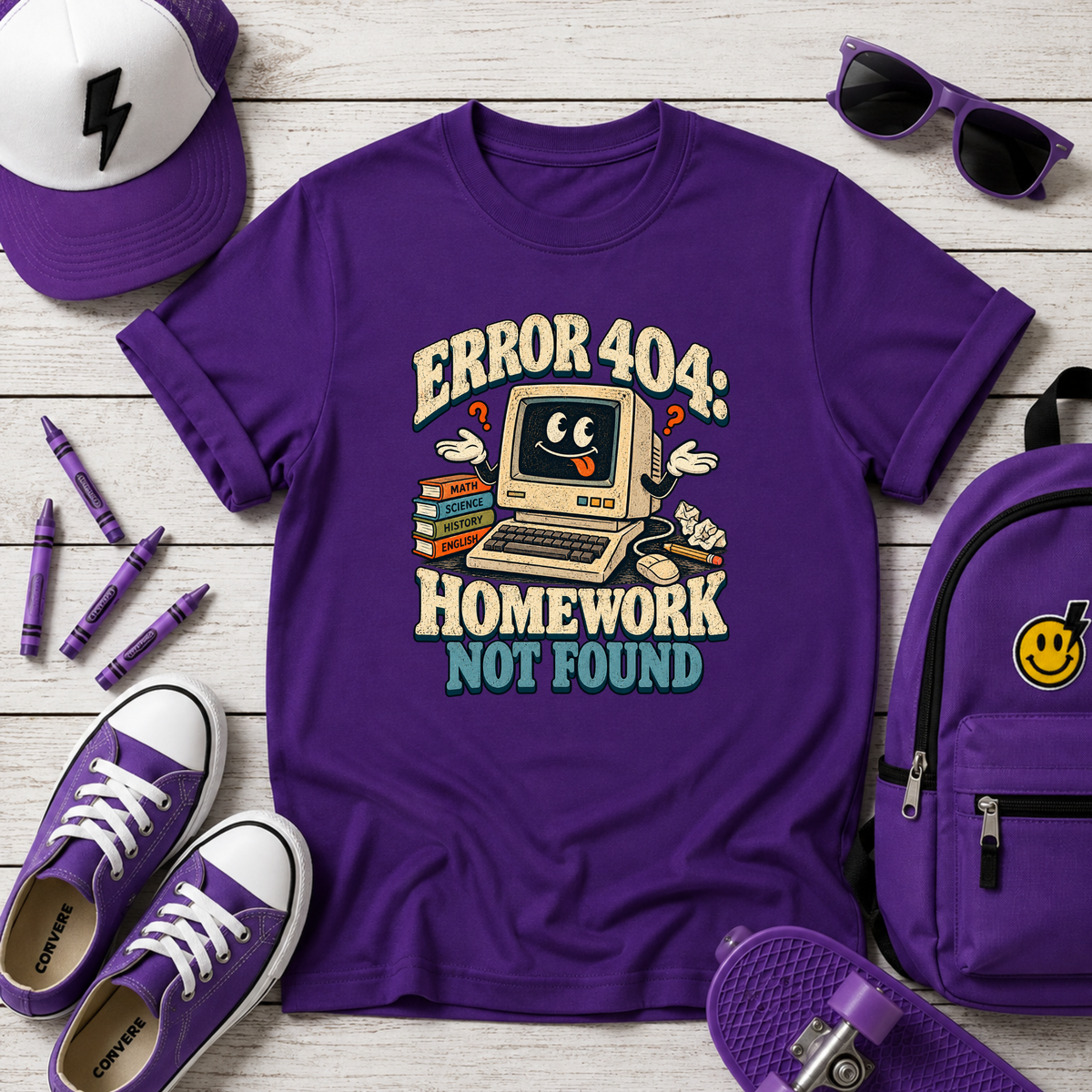 Kids Funny Retro School T-Shirt "Error 404 Homework Not Found"