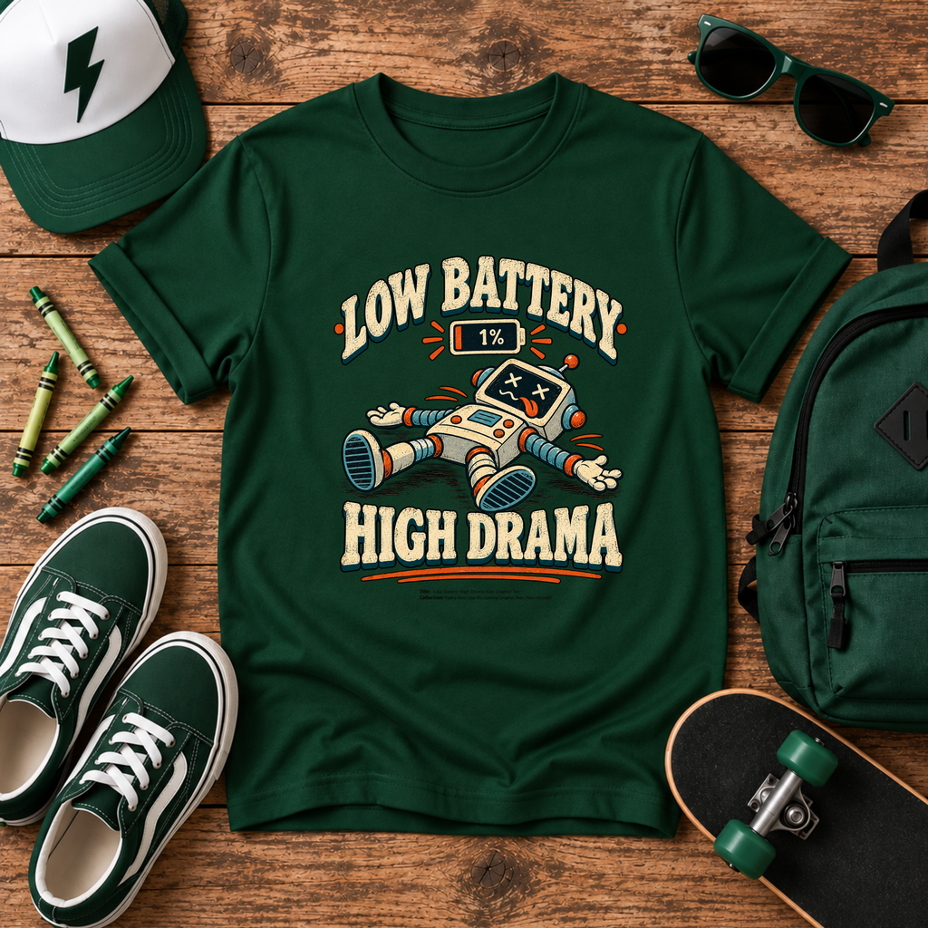 Kids Graphic Tee Funny Retro Robot T-Shirt. "Low Battery High Drama"