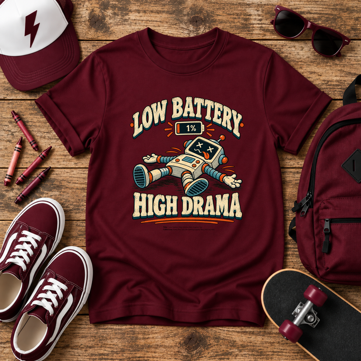 Kids Graphic Tee Funny Retro Robot T-Shirt. "Low Battery High Drama"