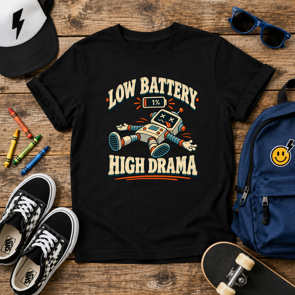 Kids Graphic Tee Funny Retro Robot T-Shirt. "Low Battery High Drama"