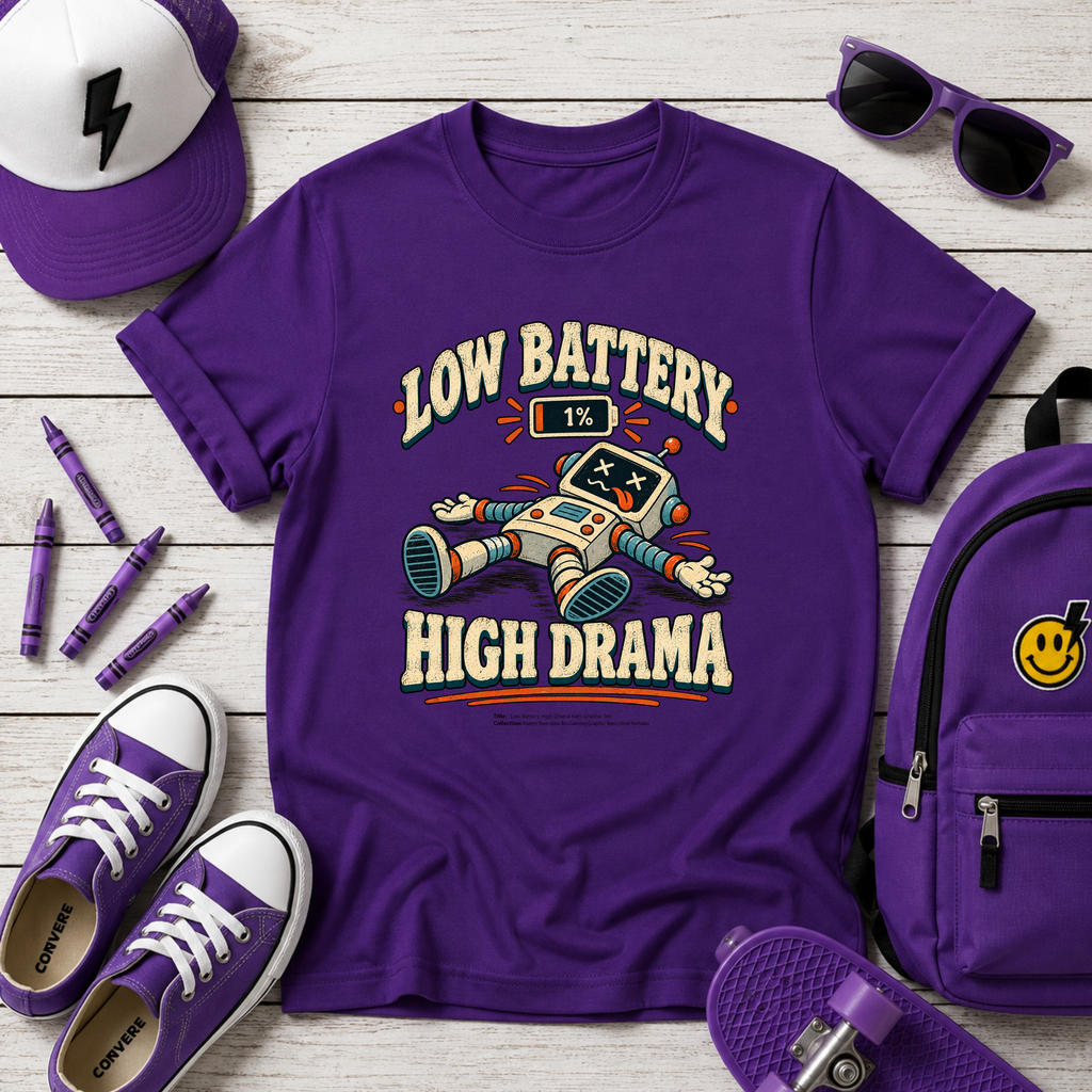 Kids Graphic Tee Funny Retro Robot T-Shirt. "Low Battery High Drama"