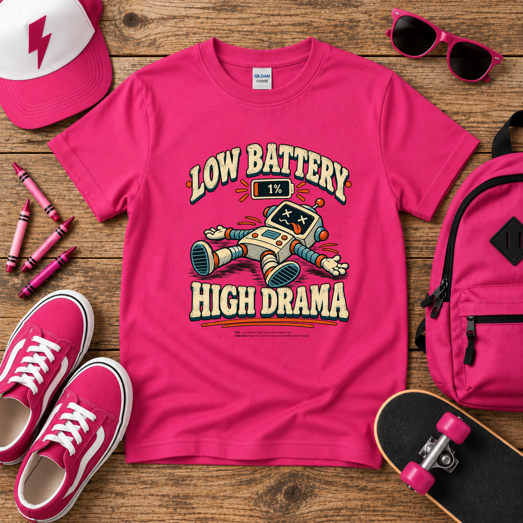 Kids Graphic Tee Funny Retro Robot T-Shirt. "Low Battery High Drama"